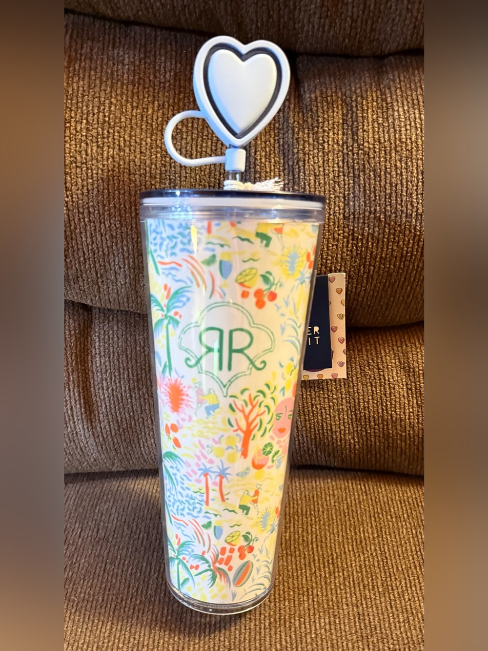 Roller Rabbit White Floral Insulated Tumbler with Heart Straw
